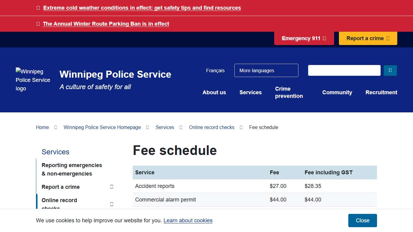 Fee schedule City of Winnipeg